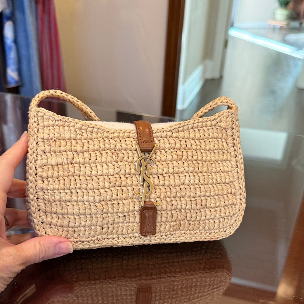 Yves Saint Laurent Beige Braided Clutch with Gold YSL Logo